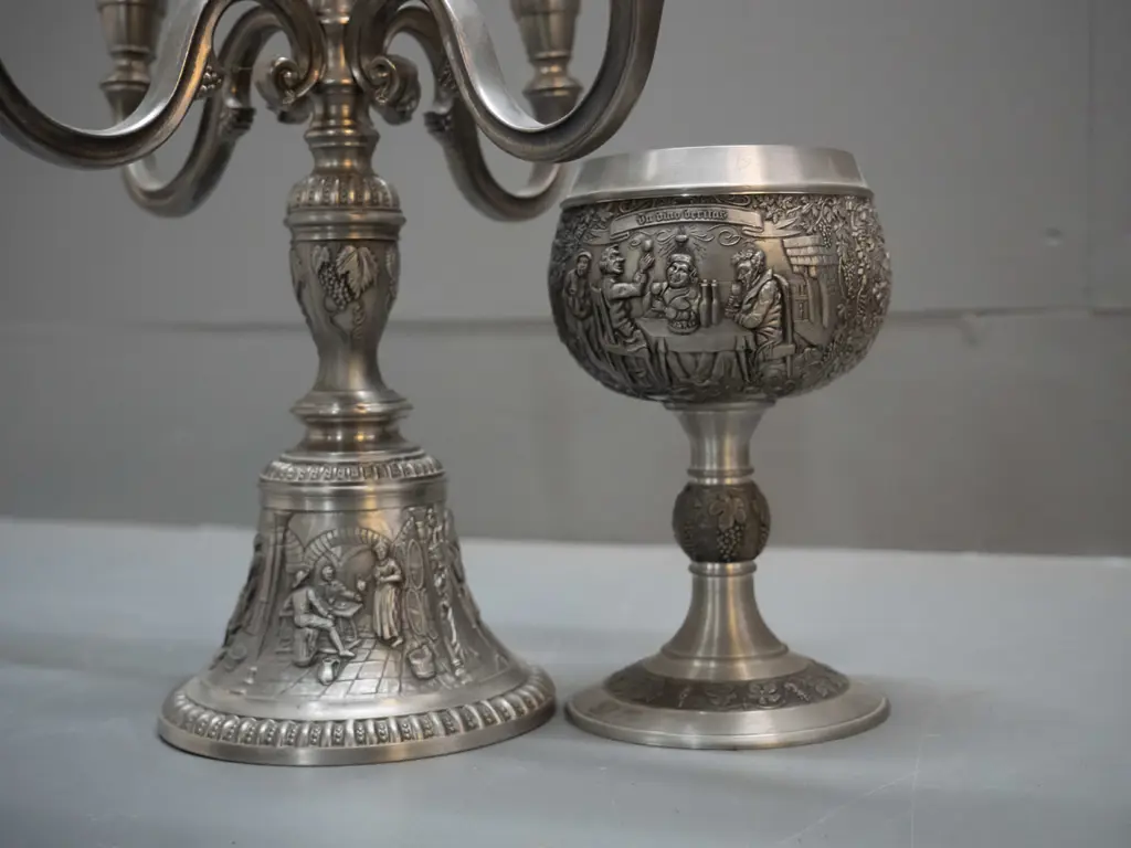 3 German pewter items - 5 candle SKS candelabra H-265 W-255, Actina lidded water jug and a Becker goblet Image 1++