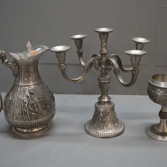 3 German pewter items - 5 candle SKS candelabra H-265 W-255, Actina lidded water jug and a Becker goblet