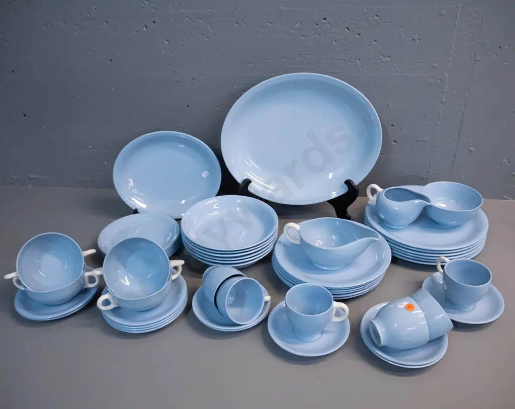 large collection of mid-century Grindley plain blue glaze dinnerware including soup bowls & saucers, ashetts etc. - some Image 1++