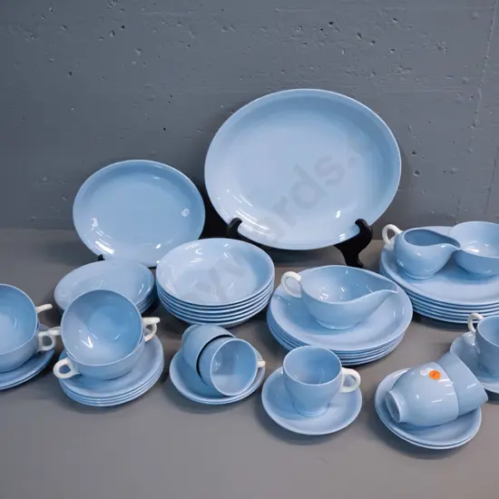 large collection of mid-century Grindley plain blue glaze dinnerware including soup bowls & saucers, ashetts etc. - some