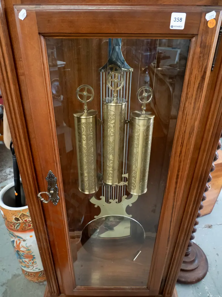 German large long-cased clock with /carved lion's head on shield top, arched glass door, 2 glazed doors to top, brass Image 1++
