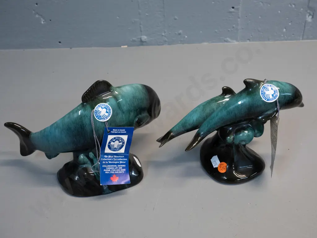 2 Blue Mountain pottery figures with original hang tags and labels - double dolphins H-140 L-190 (small chip) and a Image 1++