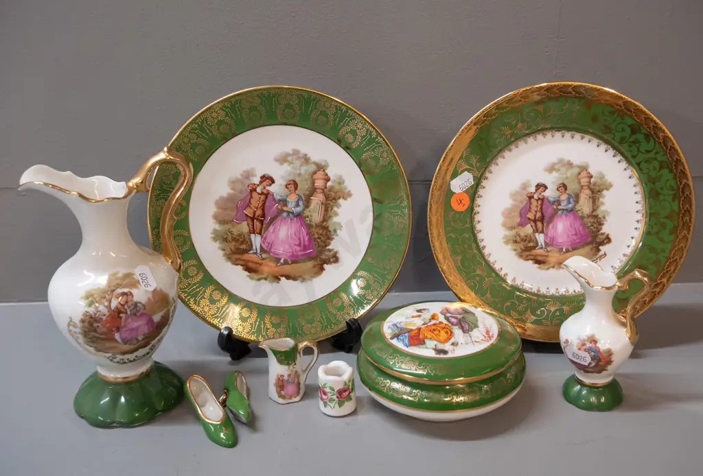 assorted green Limoges china - 2 plates, lidded trinket, 2 shoes, etc. - jug is H-180 Image 1++
