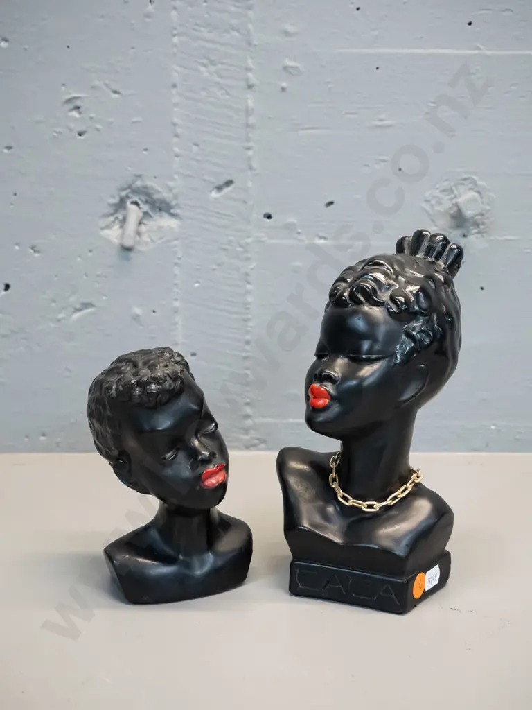 2 small black painted porcelain or plaster busts - larger H-200 marked "Zaza" on front and Pagliai on back, both have Image 1++