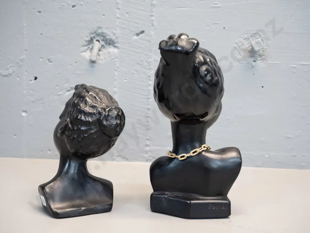 2 small black painted porcelain or plaster busts - larger H-200 marked "Zaza" on front and Pagliai on back, both have Image 1++