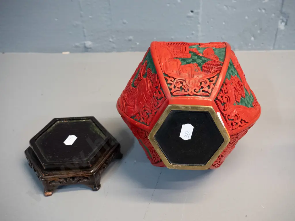 Chinese cinnabar style relief pattern hexagonal profile vase with carved timber stand H-300 Image 1++