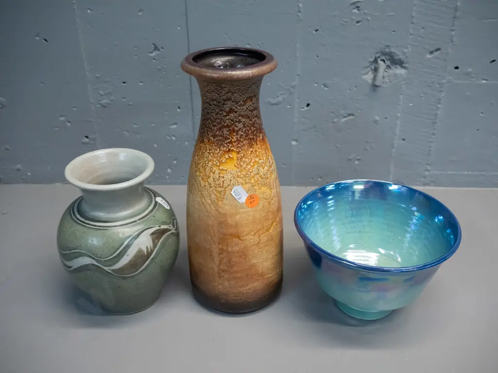 3 pieces studio pottery - lustre Danny Moorwood bowl, Macmillan Pottery vase and German vase in gold textured glaze H260 Image 1++