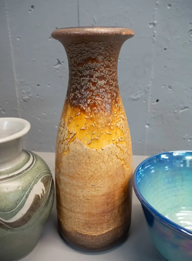 3 pieces studio pottery - lustre Danny Moorwood bowl, Macmillan Pottery vase and German vase in gold textured glaze H260 Image 1++