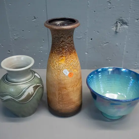 3 pieces studio pottery - lustre Danny Moorwood bowl, Macmillan Pottery vase and German vase in gold textured glaze H260