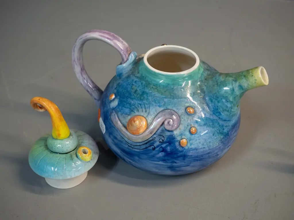 Marion Mewburn studio pottery teapot - mermaid and shell motifs H-190 W-190 Image 1++