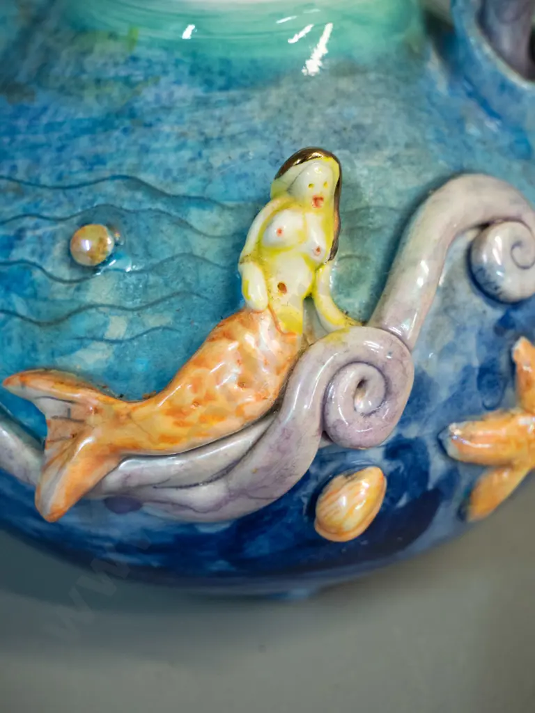 Marion Mewburn studio pottery teapot - mermaid and shell motifs H-190 W-190 Image 1++