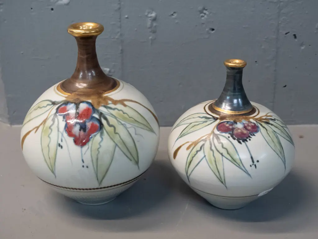 2 Neil Grant pottery vases with gilt decoration - larger is H-180 D-130 Image 1++