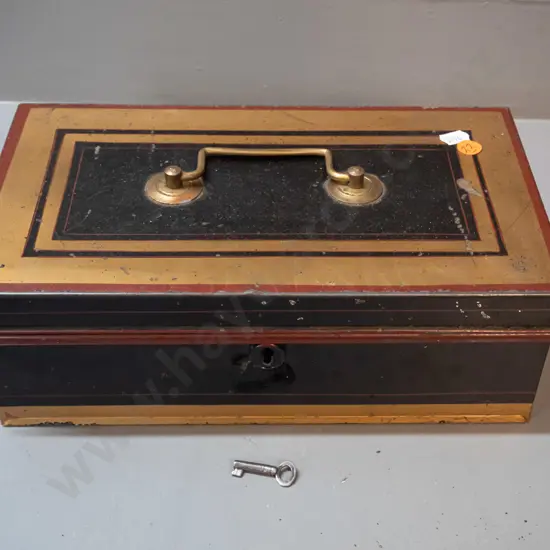 vintage metal cash box with brass handle, Made in England stamped inside, working lock and key - missing original tray,