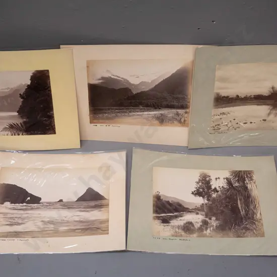 vintage photographs mounted 5 double sided mat boards: Boundary Creek Wanaka, Buller Gorge, Godfrey Gorge, etc.