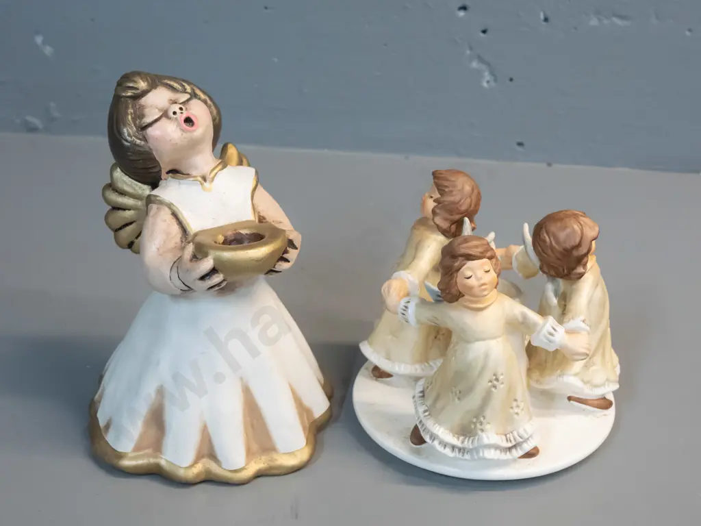 Goebel figural candle holder of 3 singing angels marked HE52 / 1971 and a single angel marked Bozner Engel Thun H190 Image 1++