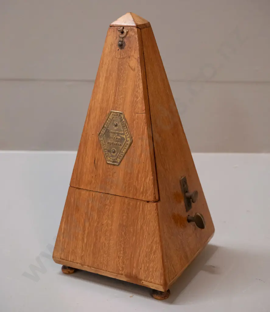vintage timber cased metronome with Maelzel France plaque, pull-out chime selector, working. H-235 W-110 D-110 Image 1++