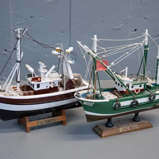 2 timber model fishing boats with French name plates - La Tempete H-195 L-210 and La Marie Morgane