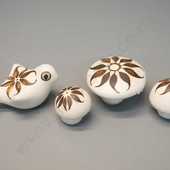 4 retro pottery ornaments - 3 mushrooms and a bird, unknown maker's mark on one. Largest mushroom H-70 D-95