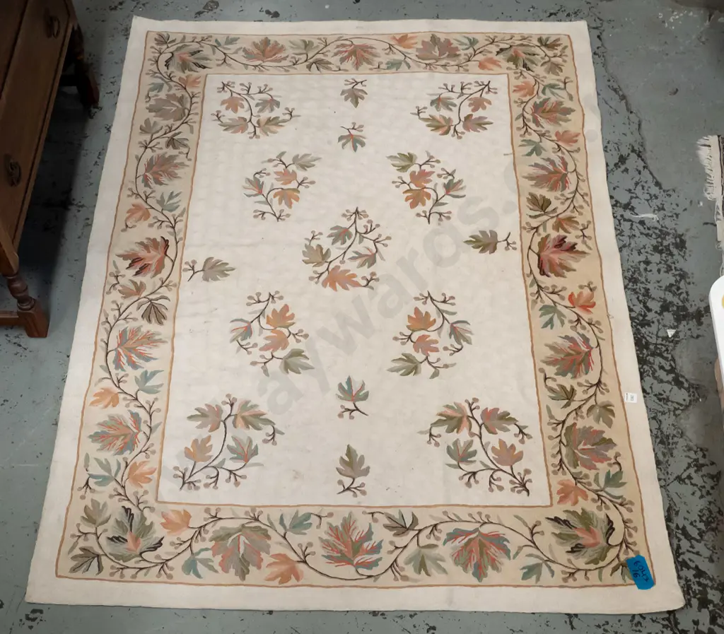 Indian hand stitched worsted wool Kashmir style floor rug - autumn foliage motifs in ivory light green, pink L1830 W1270 Image 1++