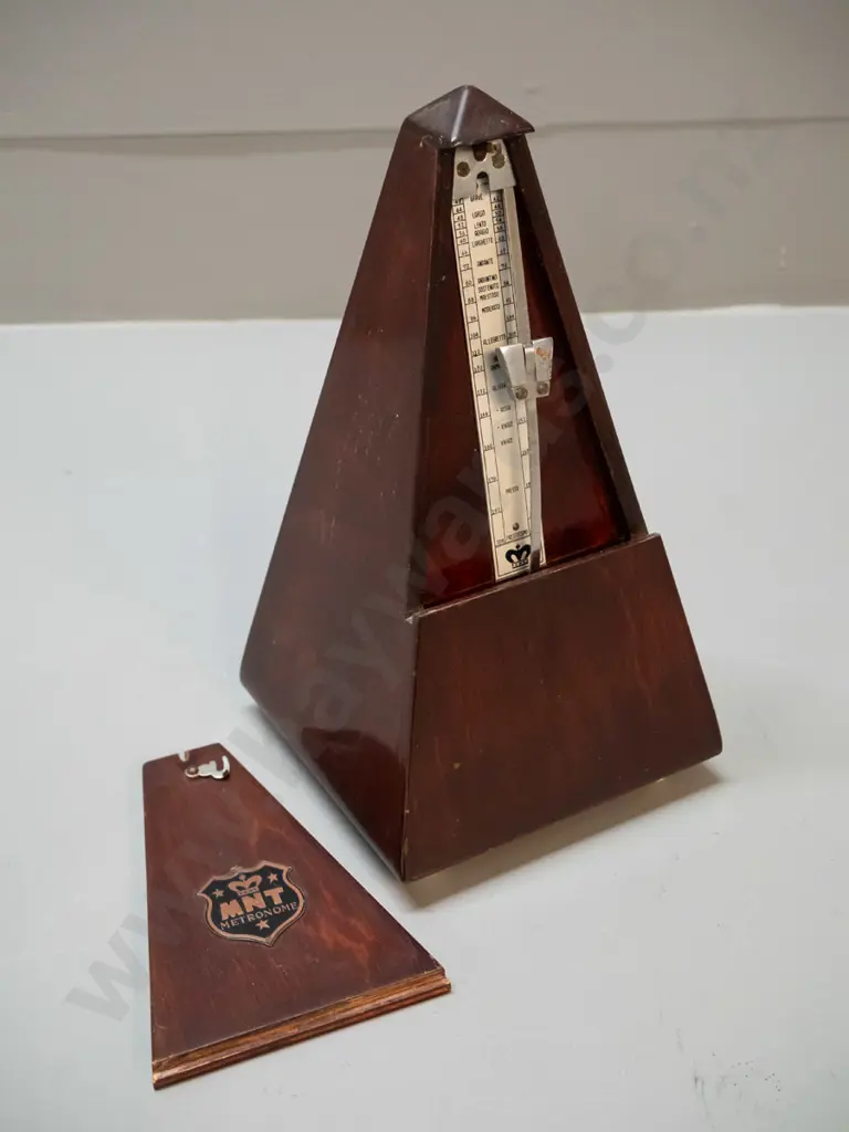 vintage timber cased metronome with "MNT Metronome" plaque - working. H-240 W-125 D-125 Image 1++