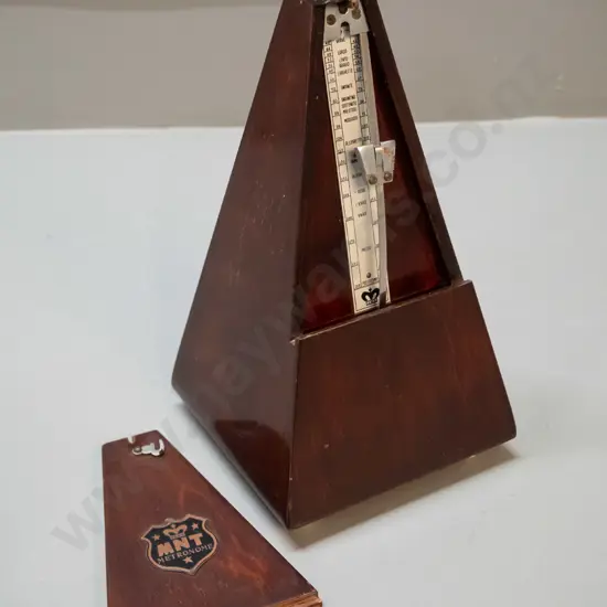 vintage timber cased metronome with "MNT Metronome" plaque - working. H-240 W-125 D-125