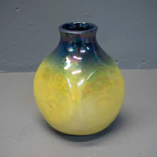 Danny Moorwood studio pottery lustre vase - yellow & blue - with mark and label H-160 W-110