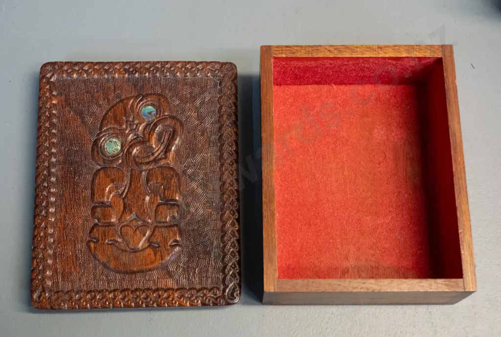 carved Maori motif timber lidded box with paua inset eyes and a middle eastern inlay jewellery box in restorer's Image 1++