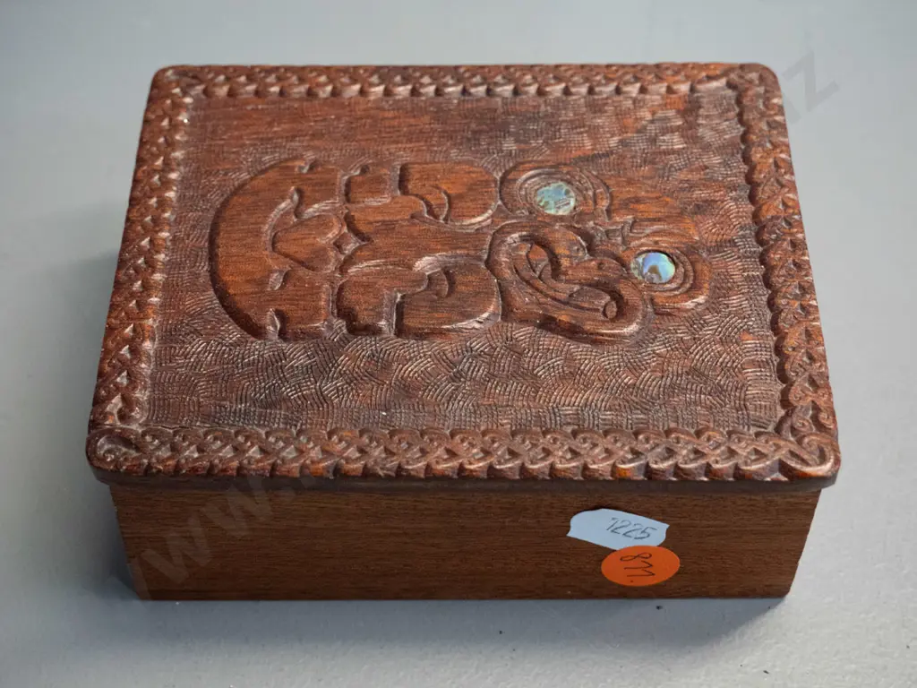 carved Maori motif timber lidded box with paua inset eyes and a middle eastern inlay jewellery box in restorer's Image 1++