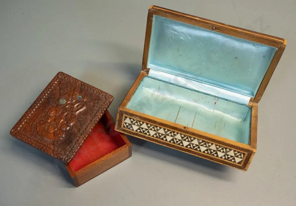 carved Maori motif timber lidded box with paua inset eyes and a middle eastern inlay jewellery box in restorer's Image 1++