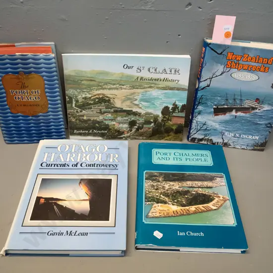 5 New Zealand books - Port Otago by Mclintock, Port Chalmers by Ian Church, St. Clair, Shipwrecks, etc.