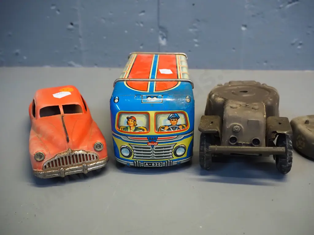 4 vintage toy vehicles - tin bus and 3 plastic Tri-Ang - small wind-up Morris 8, red Minic Triang (friction drive not Image 1++