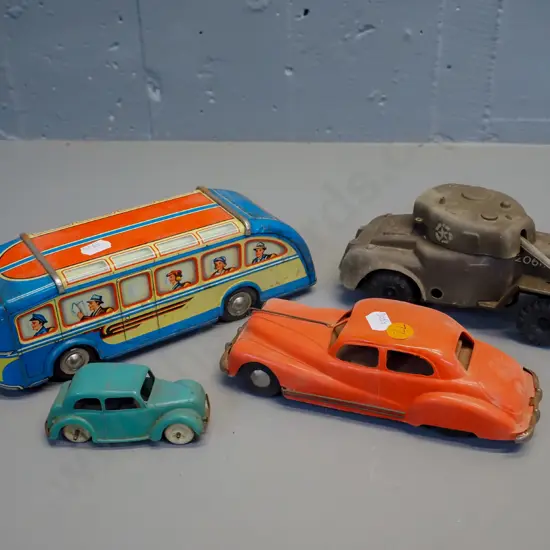 4 vintage toy vehicles - tin bus and 3 plastic Tri-Ang - small wind-up Morris 8, red Minic Triang (friction drive not
