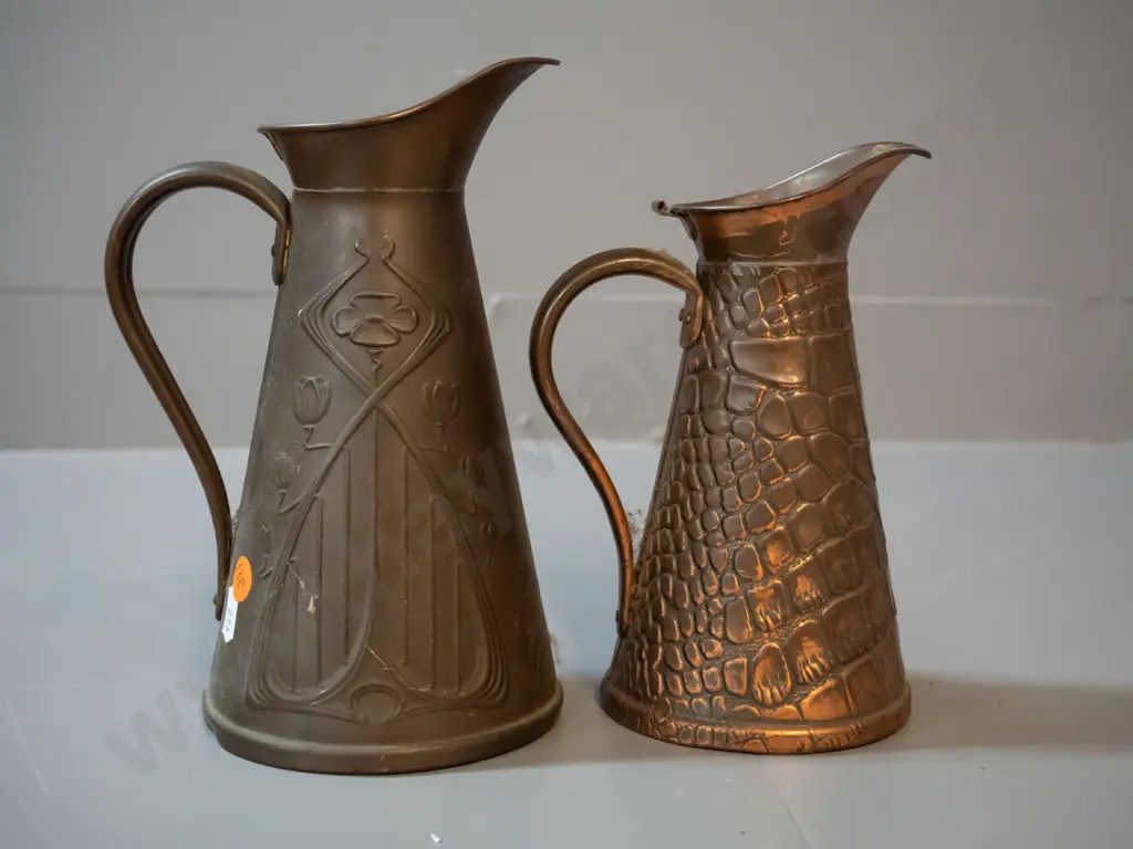 2 deco style copper jugs marked JS&S England "Solid Copper" - larger deco style H-210, smaller crocodile skin pattern Image 1++