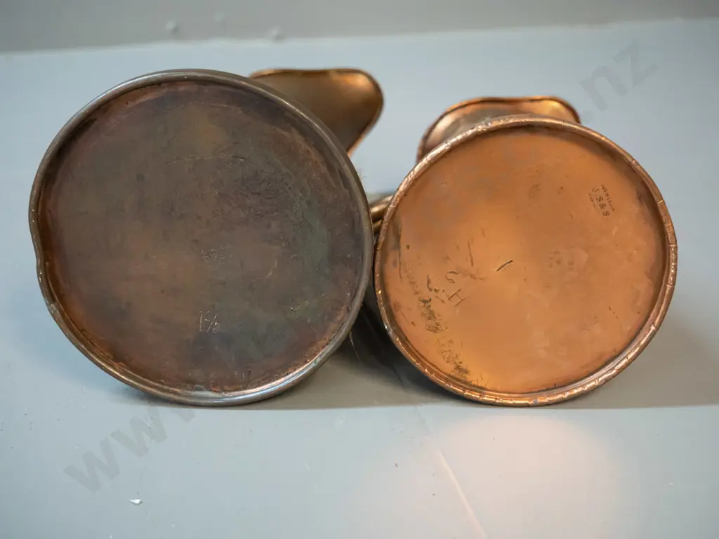 2 deco style copper jugs marked JS&S England "Solid Copper" - larger deco style H-210, smaller crocodile skin pattern Image 1++