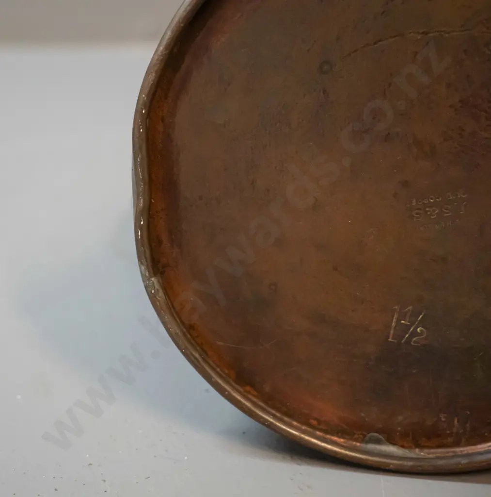 2 deco style copper jugs marked JS&S England "Solid Copper" - larger deco style H-210, smaller crocodile skin pattern Image 1++