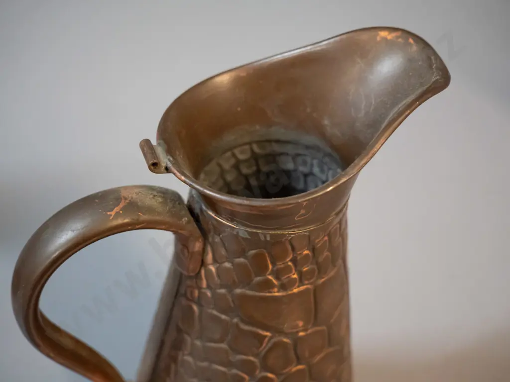 2 deco style copper jugs marked JS&S England "Solid Copper" - larger deco style H-210, smaller crocodile skin pattern Image 1++