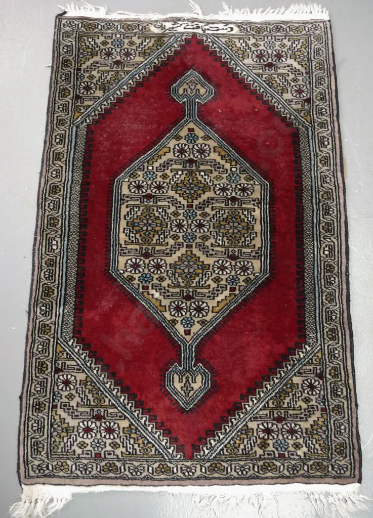 Iranian "Mahalat" style hand-knotted wool small floor rug or prayer mat - reds and multi colour, staining and missing Image 1++