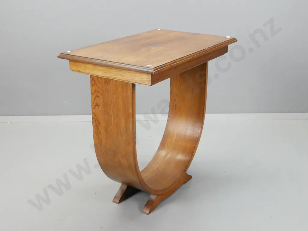 vintage art deco oak hoop-base side table with solid timber bent base - some staining to polish on top H-775 L-790 W-480 Image 1++