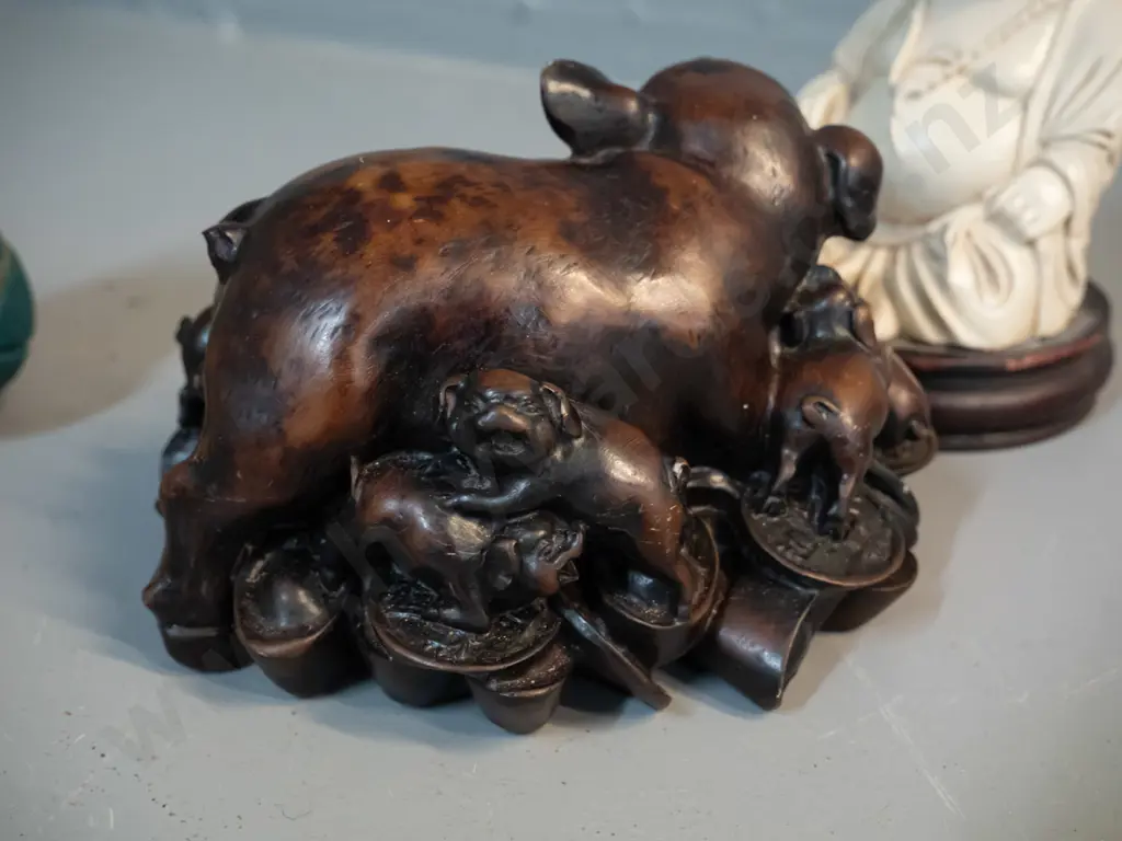 3 Asian figurines - composite seated Buddha H-115, composite sow and piglets, and a painted timber reclining figure Image 1++