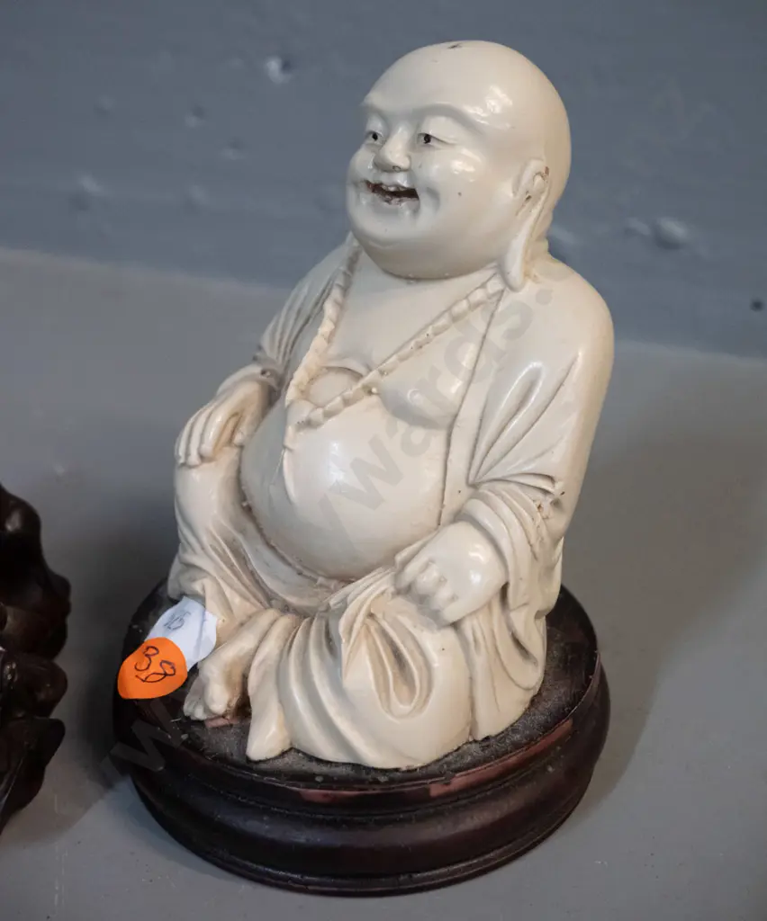 3 Asian figurines - composite seated Buddha H-115, composite sow and piglets, and a painted timber reclining figure Image 1++