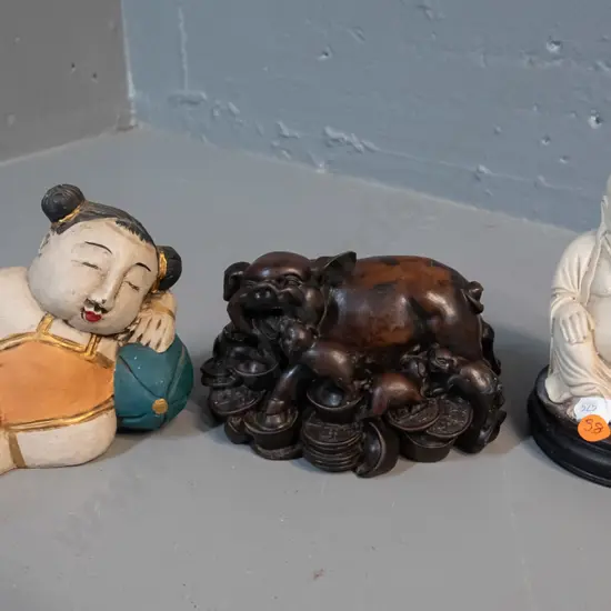 3 Asian figurines - composite seated Buddha H-115, composite sow and piglets, and a painted timber reclining figure