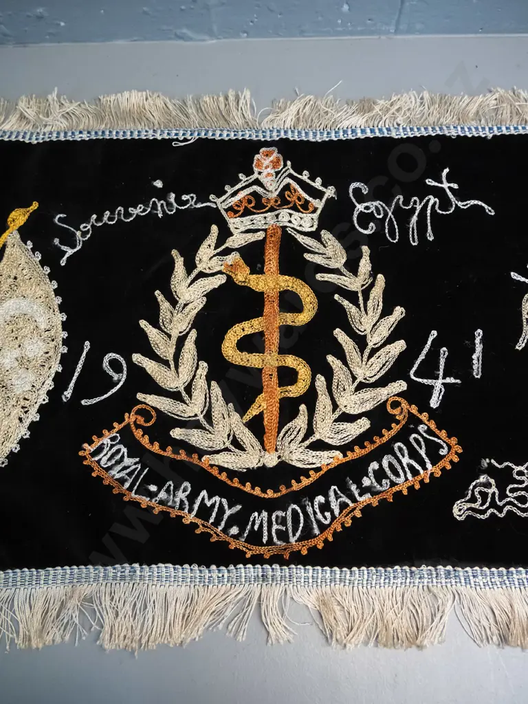 hand embroidered velvet "Souvenir of Egypt" 1941 Royal Army Medical Corp - minor wear and loose threads H-320 W-880 Image 1++