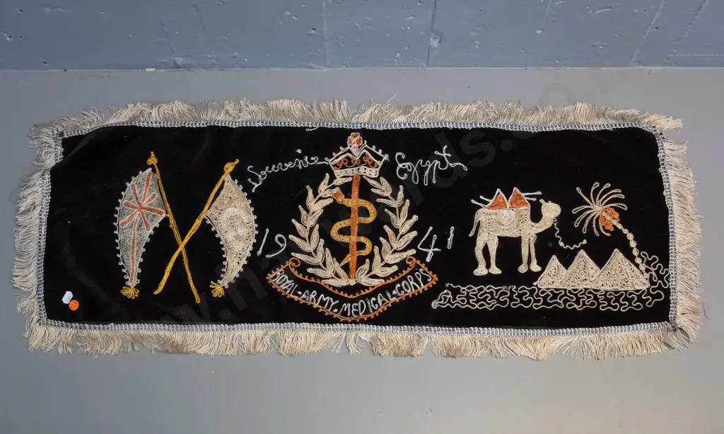 hand embroidered velvet "Souvenir of Egypt" 1941 Royal Army Medical Corp - minor wear and loose threads H-320 W-880 Image 1++
