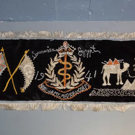 hand embroidered velvet "Souvenir of Egypt" 1941 Royal Army Medical Corp - minor wear and loose threads H-320 W-880