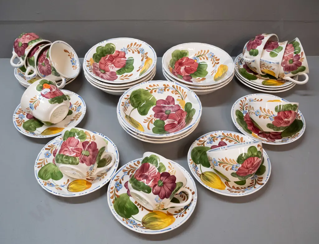 assorted Belle Fiore dinnerware - 11 cups and saucers, 10 coupes, most Simpsons, some cups are Solian Ware Image 1++