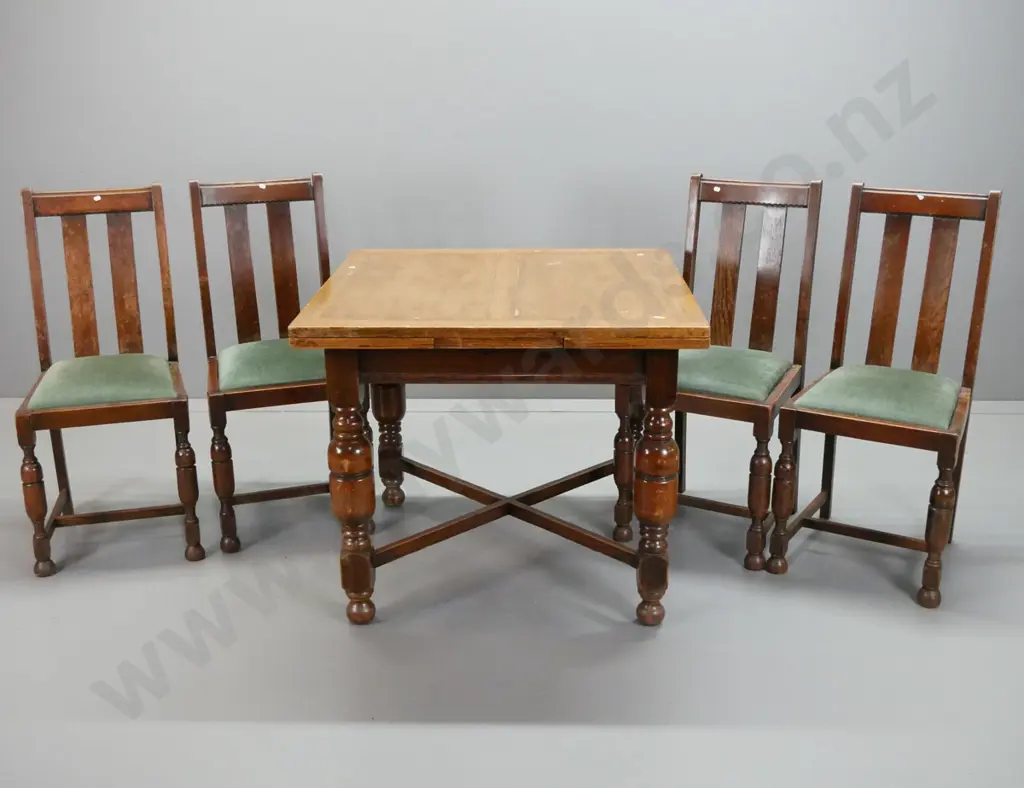 vintage oak draw-leaf table with panelled top, bolster turned legs on x-frame stretcher base, w/4 slat-back chairs, pop Image 1++