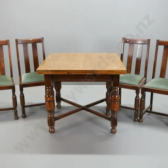 vintage oak draw-leaf table with panelled top, bolster turned legs on x-frame stretcher base, w/4 slat-back chairs, pop