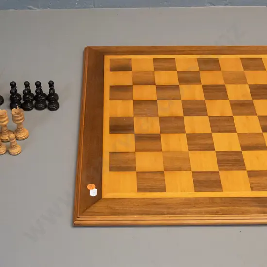 chess set with pierced and carved pieces, timber inlay chess board with green felt backing 510 x 510 - some lifting to