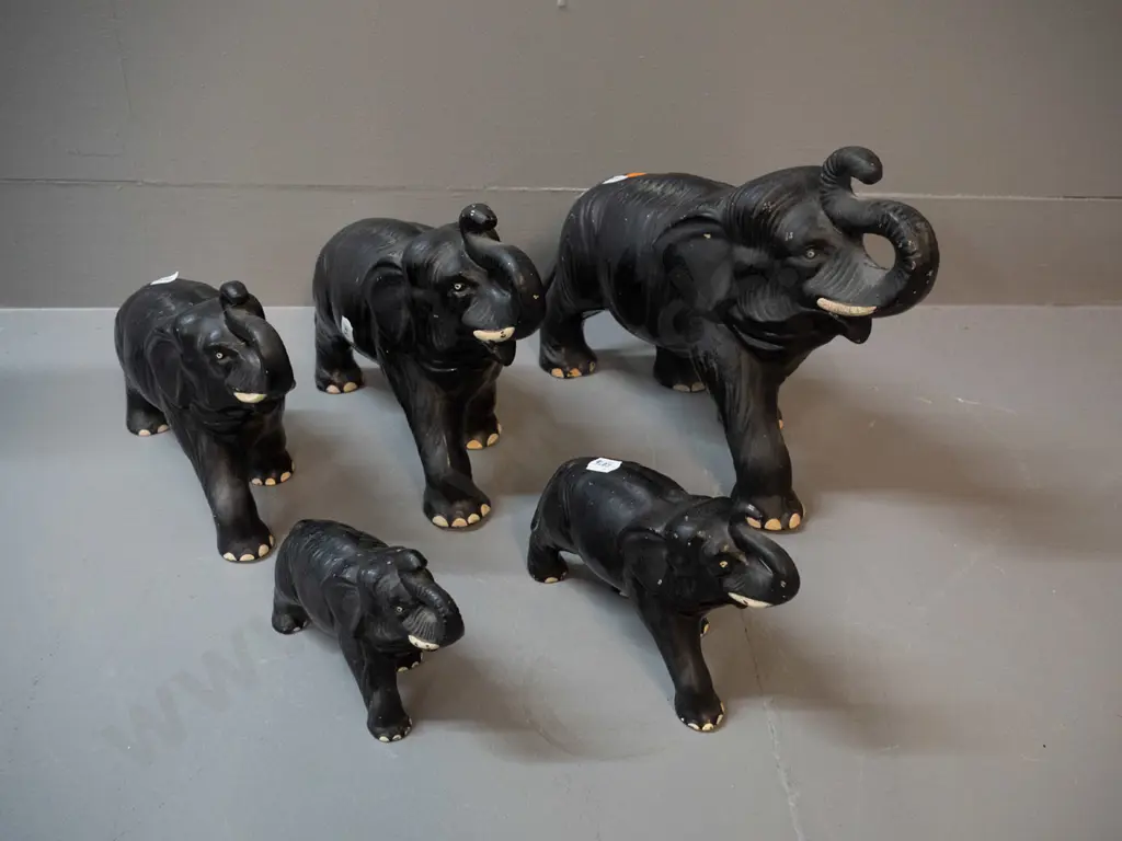 5 Sylvac black glaze elephant figurines - some glaze flecks, crazing, one of medium size has a repair. Largest is H220 Image 1++