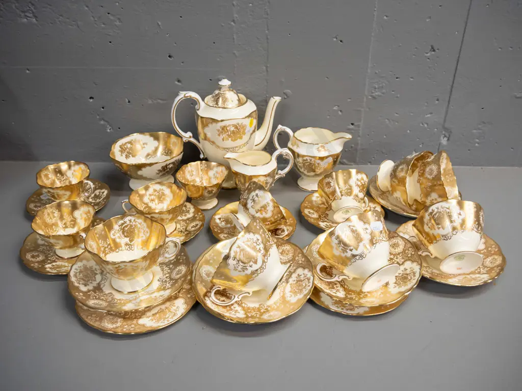 Hammersley cream & heavily gilded part coffee & tea sets - coffee pot, 5 cups & saucers, sugar bowl and creamer, Image 1++